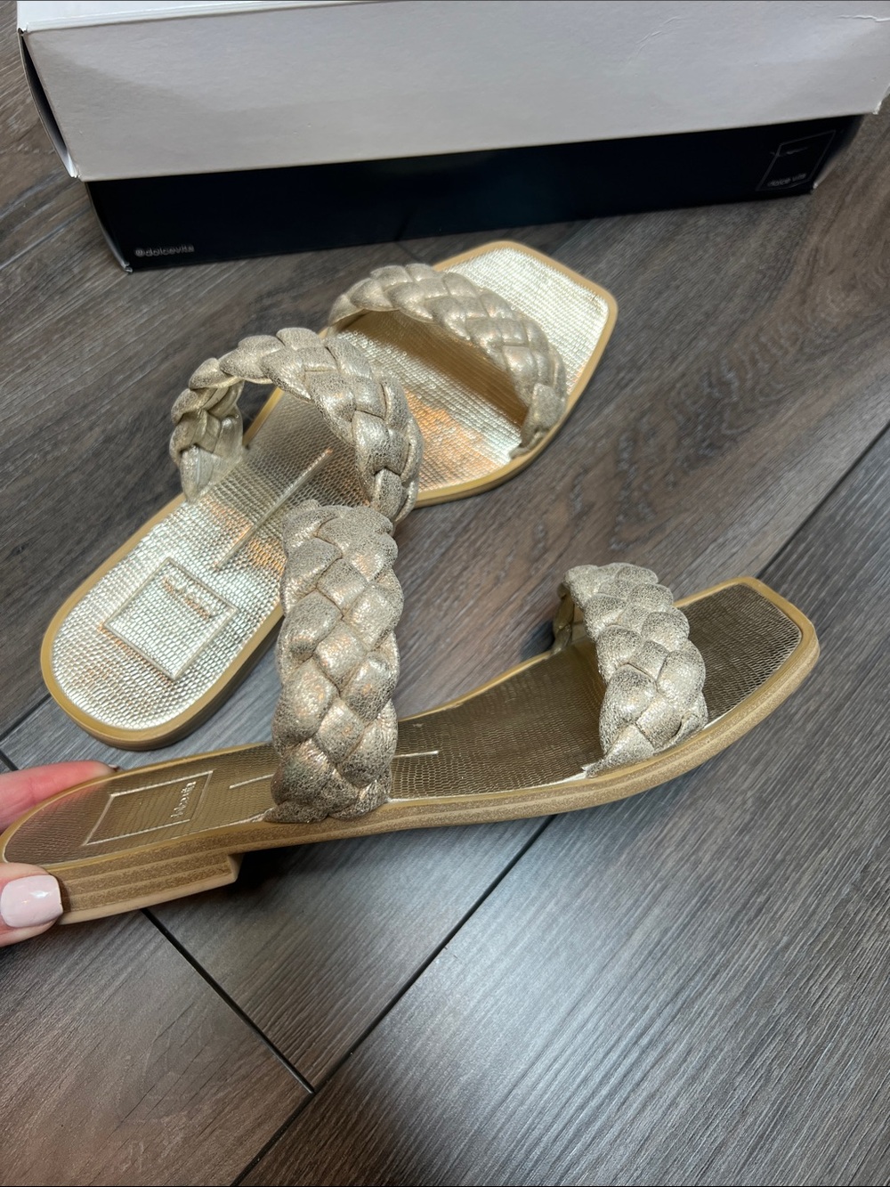 Dolce Vita Double-Braided Leather Strap Metallic Gold Slide Sandals - Picture 2 of 4